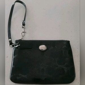 Coach Black Patent Leather Signature Embossed High Gloss Silver Accent Wristlet
